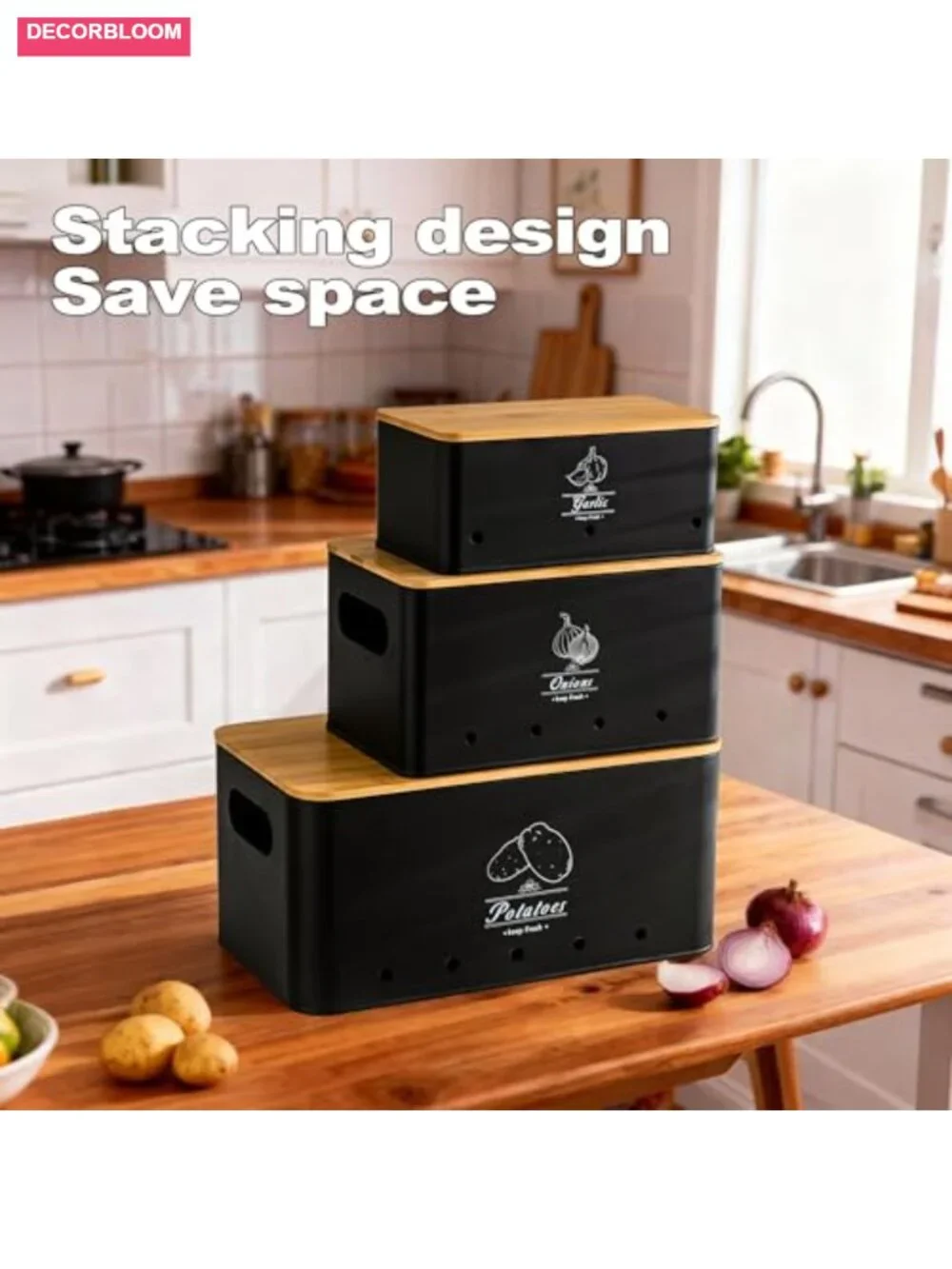 Potato Onion Garlic Storage Bin Set of 3, Black Metal Canisters with Bamboo